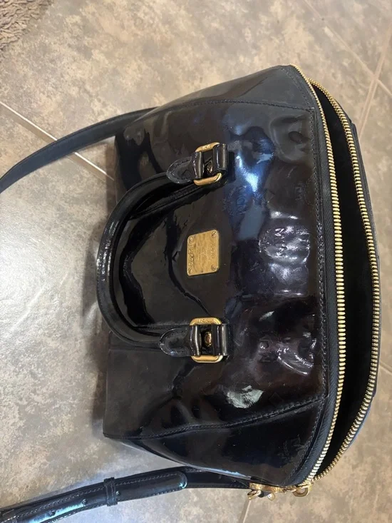 MCM Black Patent Leather Satchel with Gold Plaque and Hardware - Picture 9 of 11